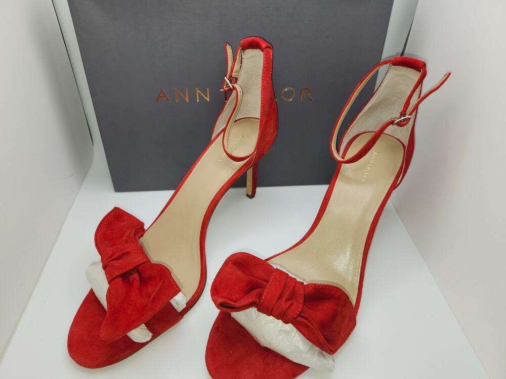 ANN TAYLOR Kinsley Cherry Red Suede Bow Heeled Sandals Sz 11 #458324